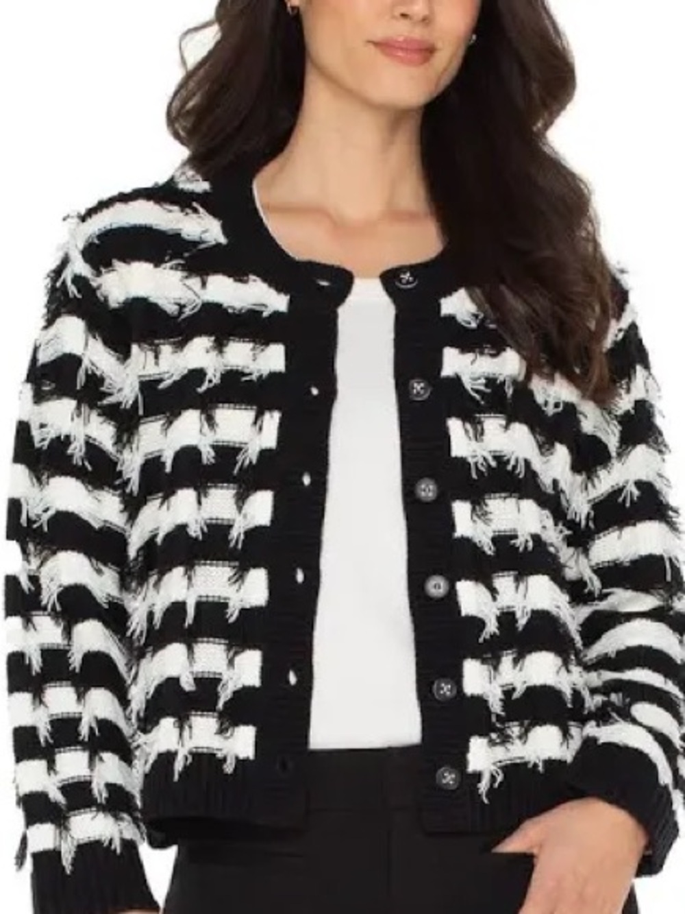 Liverpool Black and White Striped Fringe Cardigan